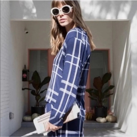 Rails Long Sleeve Trouser Pajama Top Shirt Navy Blue White Plaid Flannel XS - Picture 2 of 16
